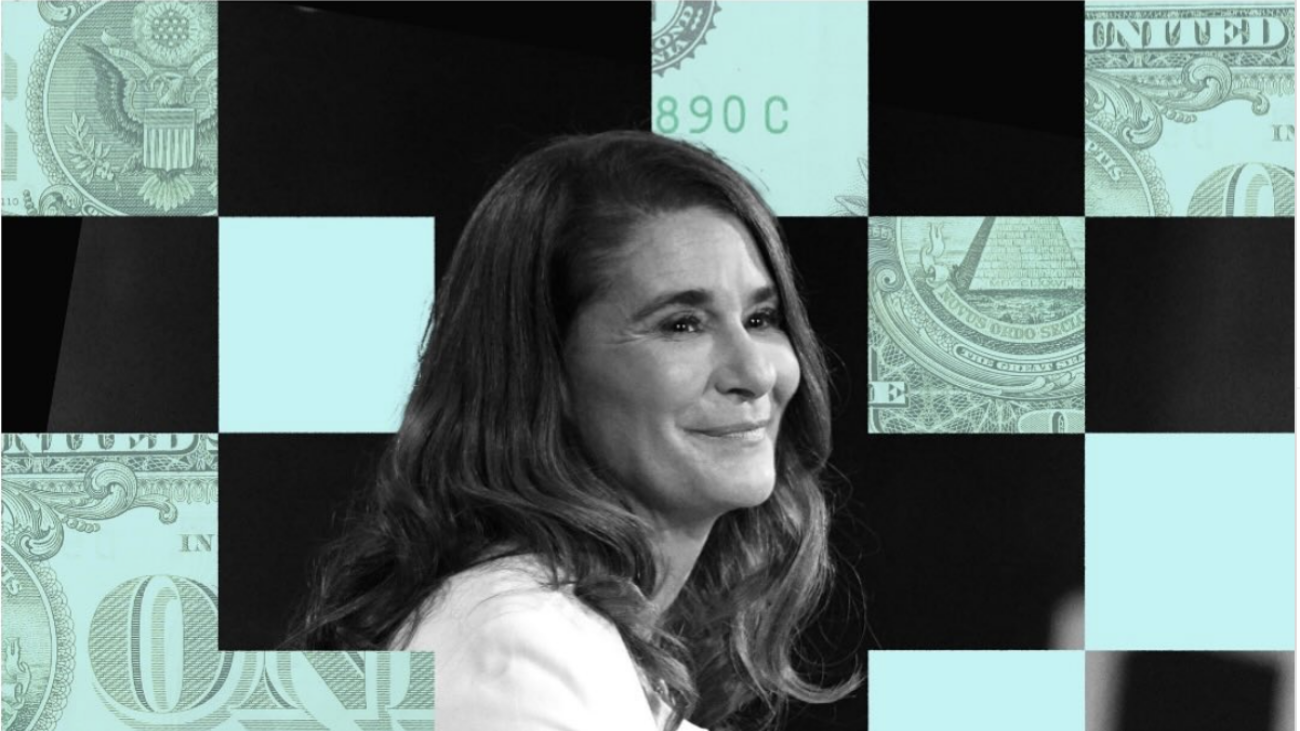 Photo of Melinda French Gates with blue and black squares behind her